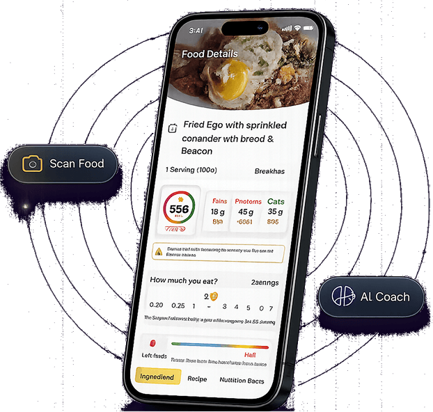 SlimAI food details for a fried egg breakfast — 556 kcal with fats, protein and carbs — beside Scan Food and AI Coach