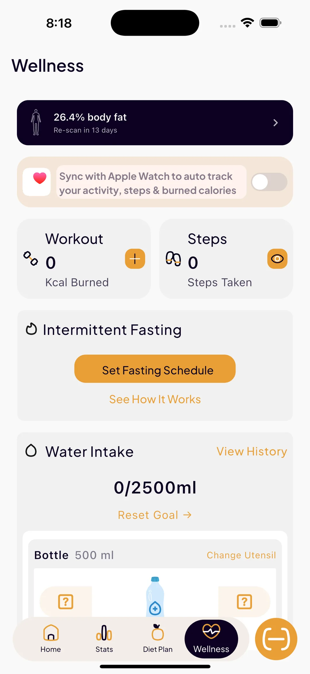 The SlimAI wellness screen with a body fat card, an Apple Watch sync toggle for activity and steps, workout calories burned, steps taken, intermittent fasting, and water intake