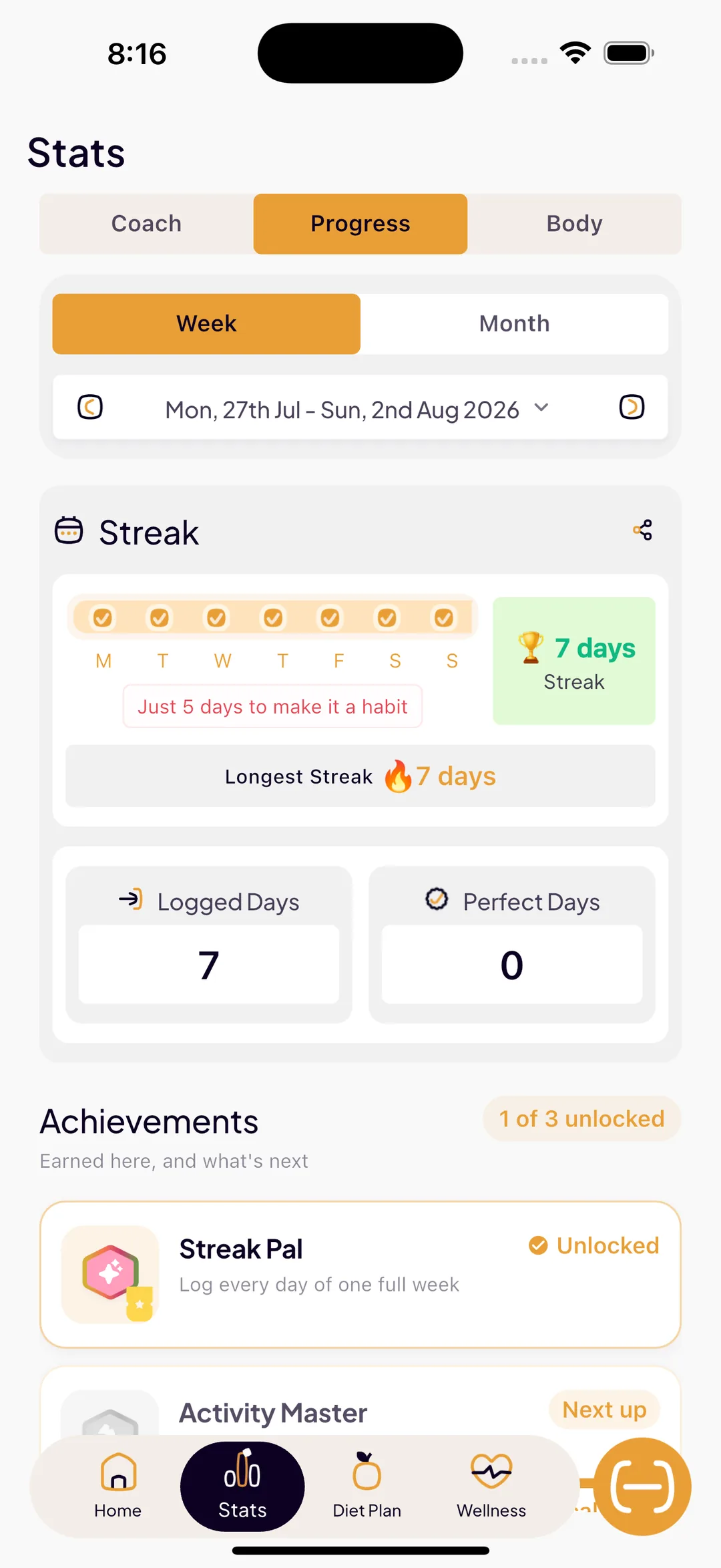 The SlimAI progress tab with a 7-day streak, logged days and perfect days counters, and achievements including an unlocked Streak Pal badge