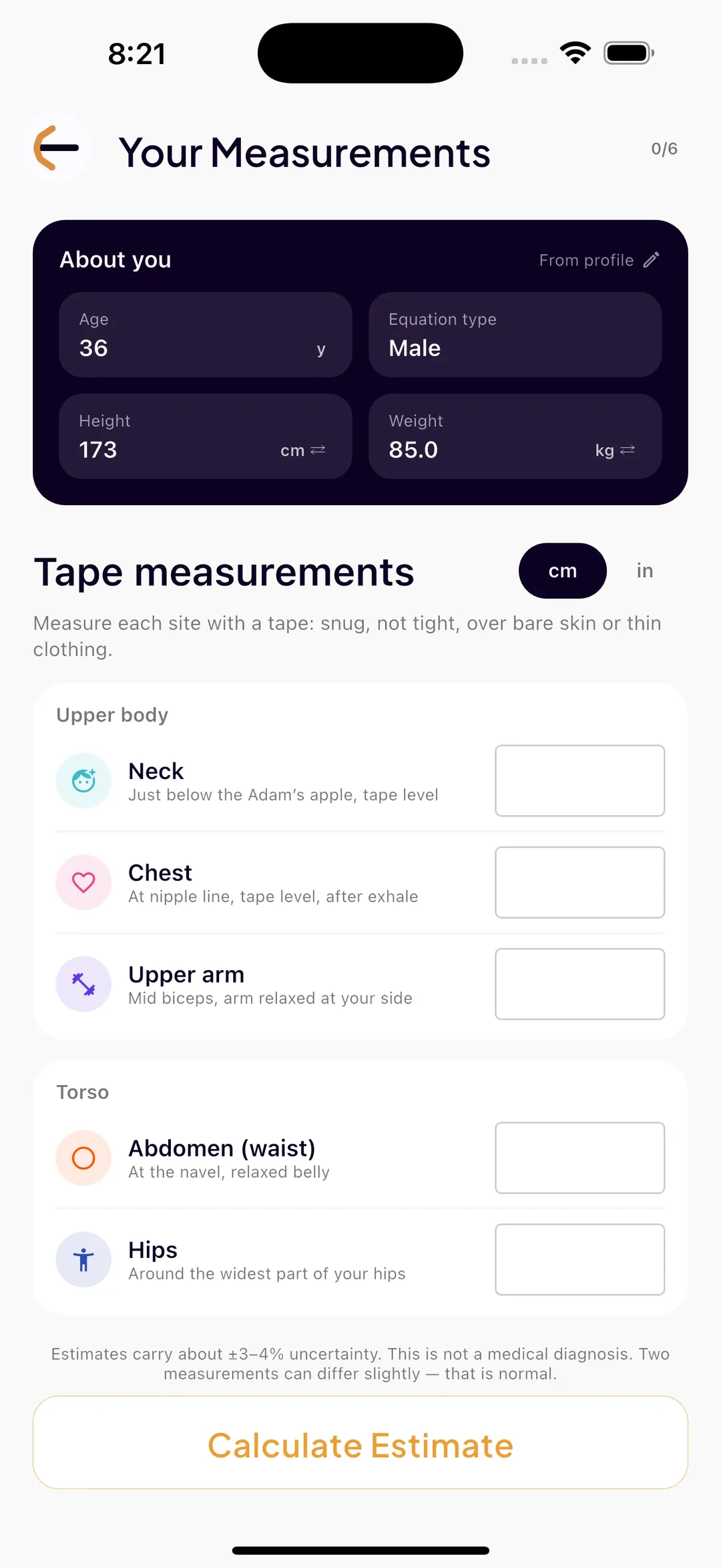 Tape-measurement mode in SlimAI Body Assessment, entering neck, chest, upper arm, abdomen and hip measurements by hand instead of taking photos