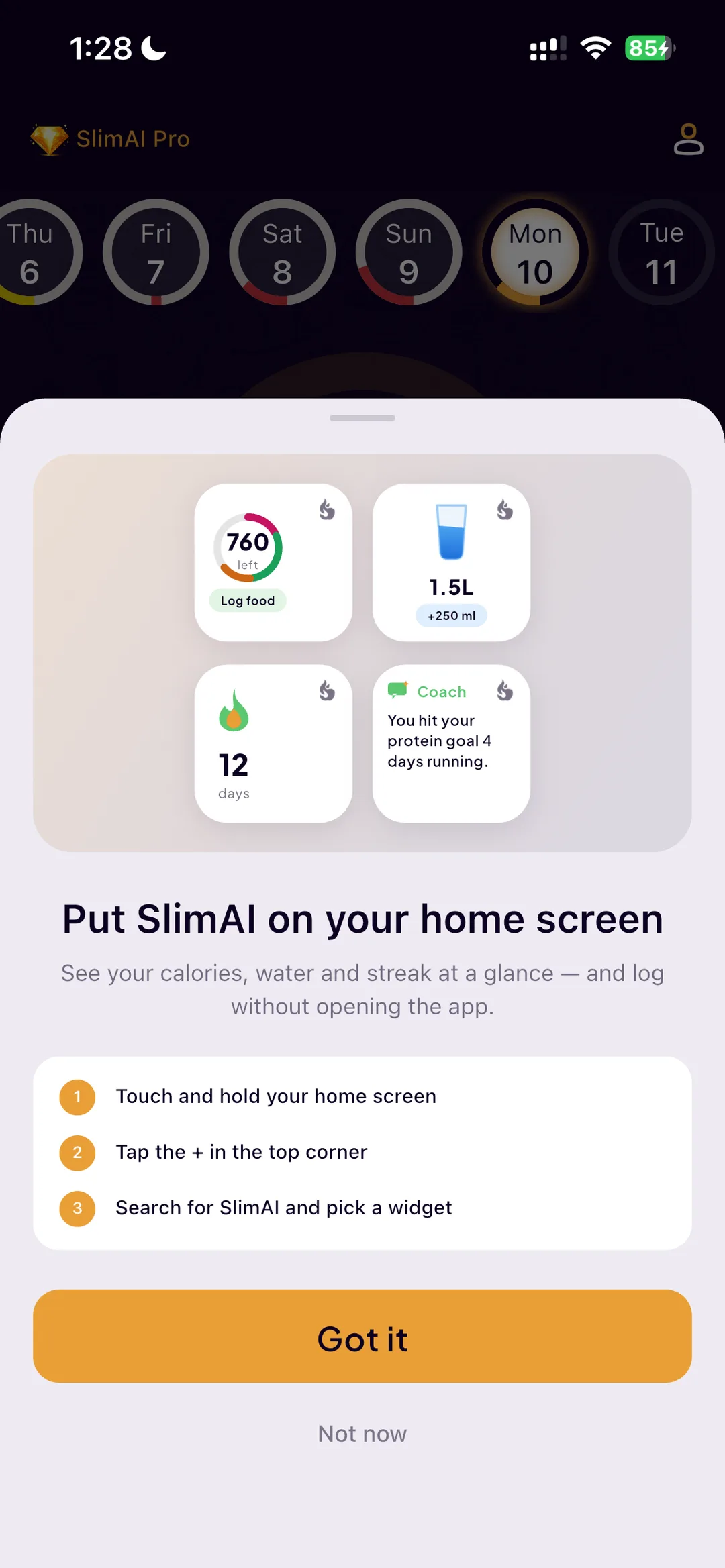 The SlimAI widget tutorial expanded into three numbered steps — touch and hold your home screen, tap the plus in the top corner, search for SlimAI and pick a widget — under the same four preview tiles