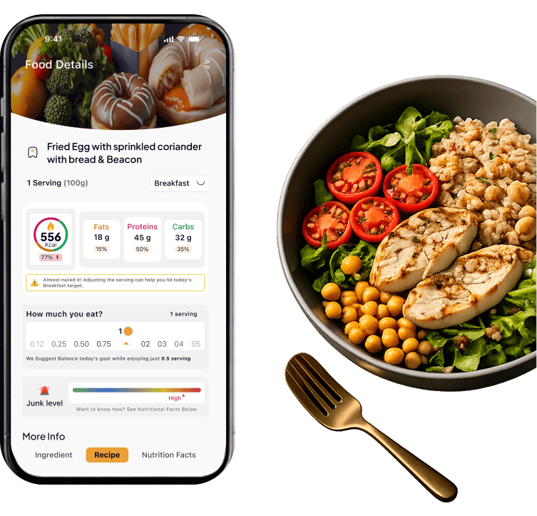 SlimAI food details screen beside a bowl of chicken salad, showing calories, macros, and serving guidance for the logged meal